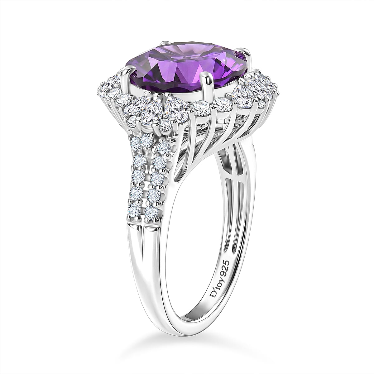 Certified & Appraised D'Joy Crazy Fire Cut Premium Moroccan Amethyst and Moissanite 5.50 ctw Ring in Rhodium Over Sterling Silver (Size  10.0) image number 3
