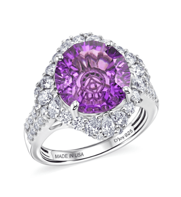 Certified & Appraised D'Joy Crazy Fire Cut Premium Moroccan Amethyst and Moissanite 5.50 ctw Ring in Rhodium Over Sterling Silver (Size  6.0)