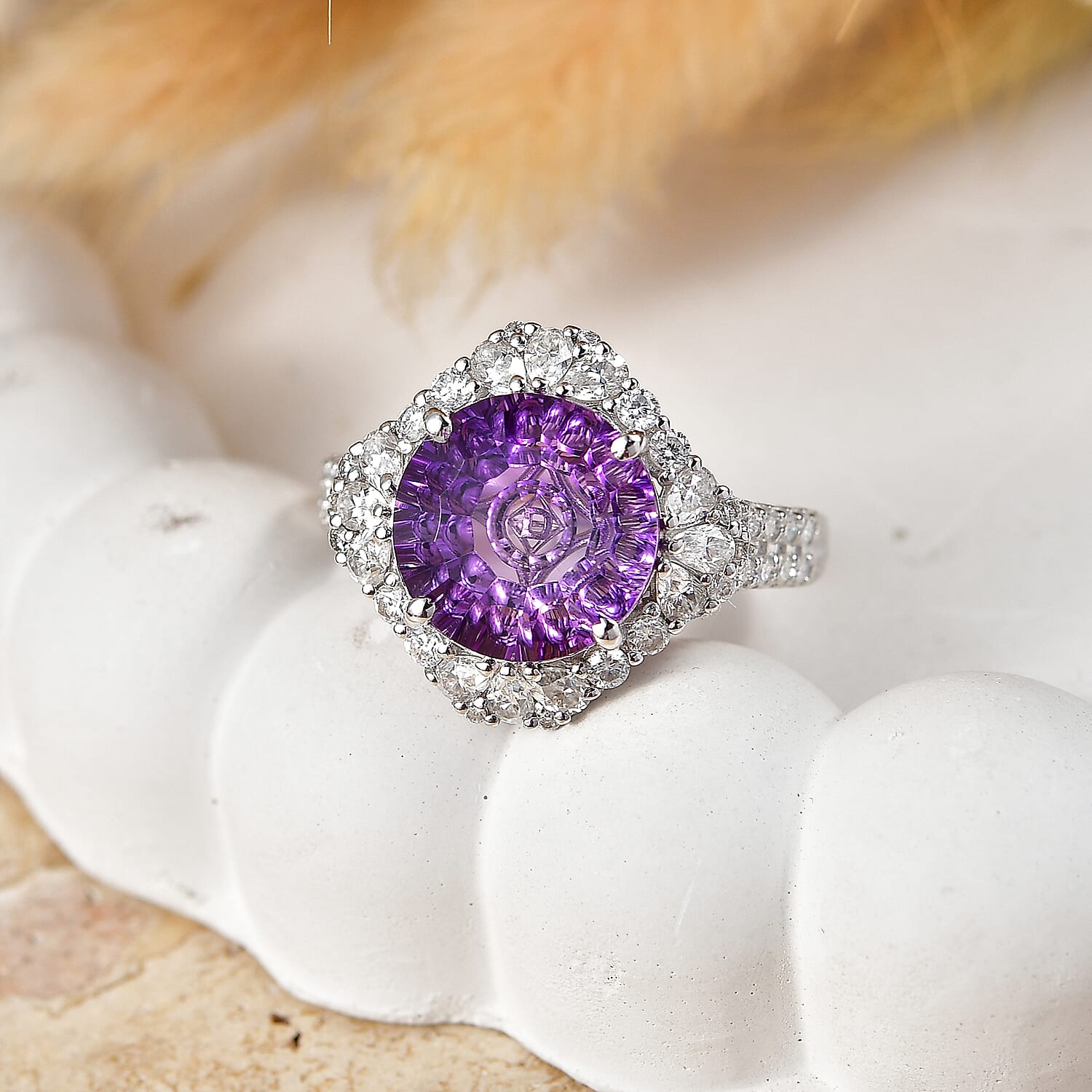 Certified & Appraised D'Joy Crazy Fire Cut Premium Moroccan Amethyst and Moissanite 5.50 ctw Ring in Rhodium Over Sterling Silver (Size  6.0)