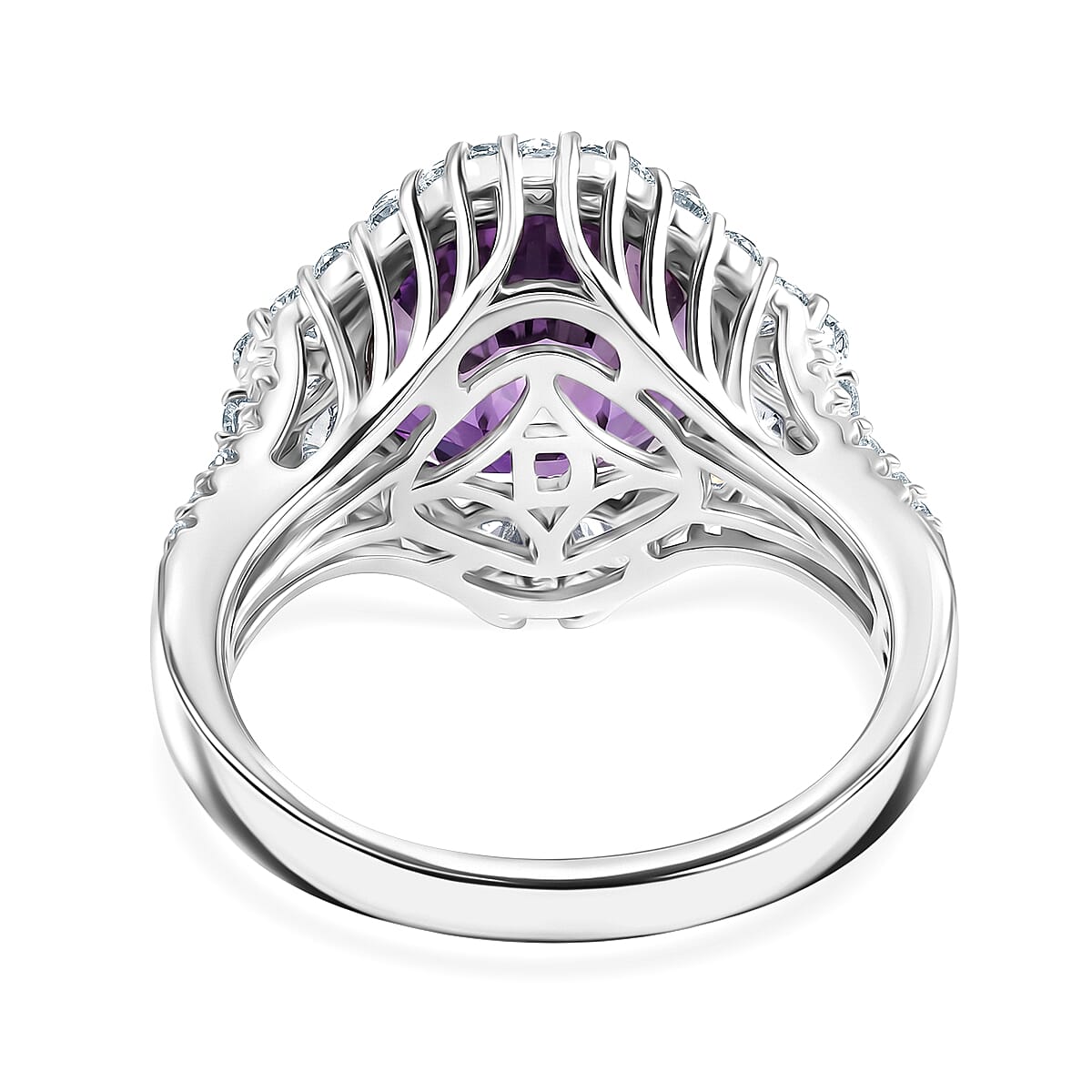Certified & Appraised D'Joy Crazy Fire Cut Premium Moroccan Amethyst and Moissanite 5.50 ctw Ring in Rhodium Over Sterling Silver (Size  6.0)