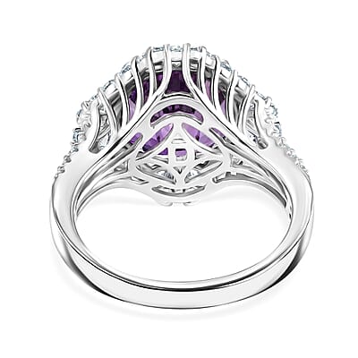 Certified & Appraised D'Joy Crazy Fire Cut Premium Moroccan Amethyst and Moissanite 5.50 ctw Ring in Rhodium Over Sterling Silver (Size  6.0)