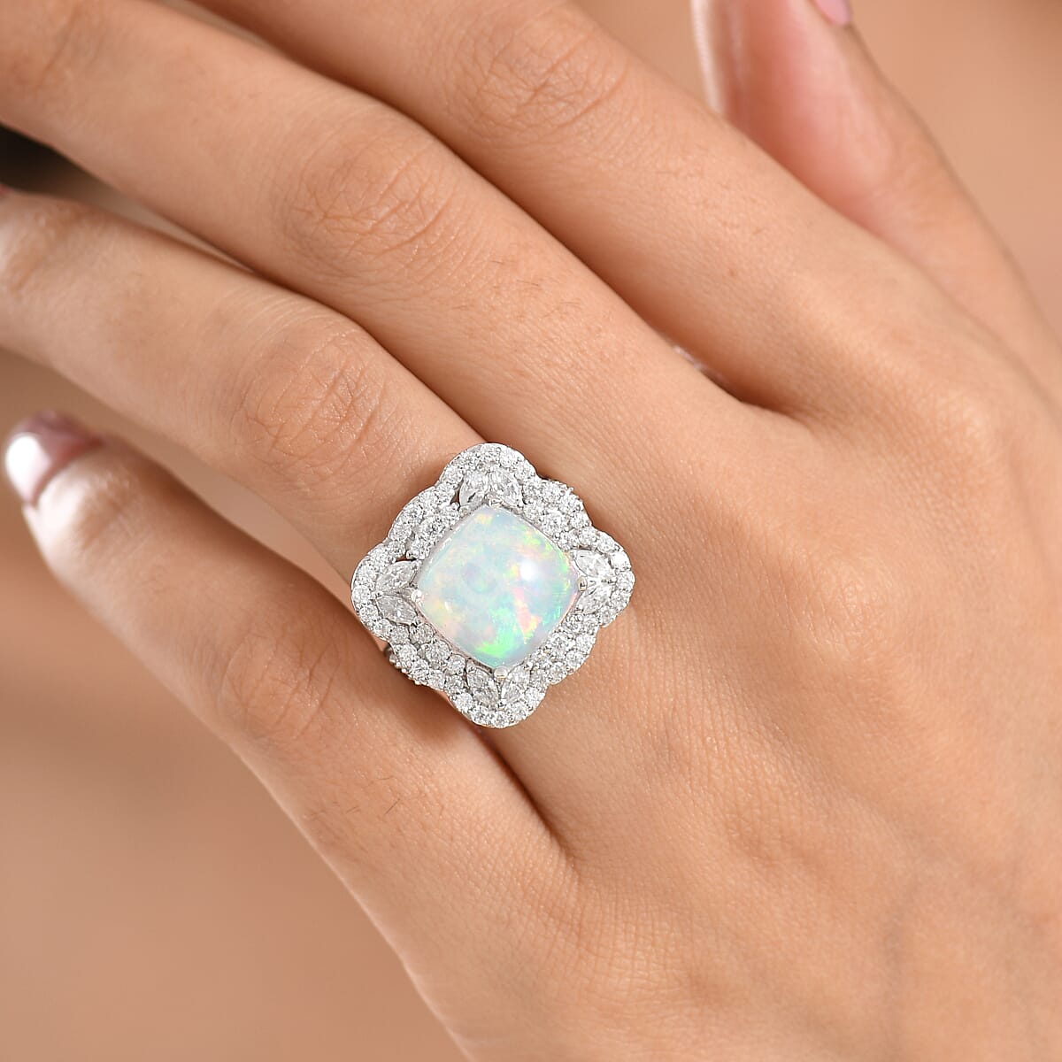 D'Joy Premium Ethiopian Welo Opal and Moissanite 6.80 ctw Ring in Rhodium Over Sterling Silver (Size 10.0) image number 2