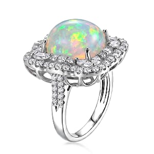 D'Joy Premium Ethiopian Welo Opal and Moissanite 6.80 ctw Ring in Rhodium Over Sterling Silver (Size 10.0)