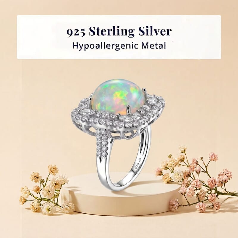 D'Joy Premium Ethiopian Welo Opal and Moissanite 6.80 ctw Ring in Rhodium Over Sterling Silver (Size 6.0)