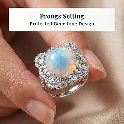 D'Joy Premium Ethiopian Welo Opal and Moissanite 6.80 ctw Ring in Rhodium Over Sterling Silver (Size 6.0)