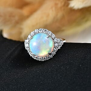 D'Joy Premium Ethiopian Welo Opal, Moissanite Ring in Rhodium Over Sterling Silver (Size 6.0) 5.30 ctw