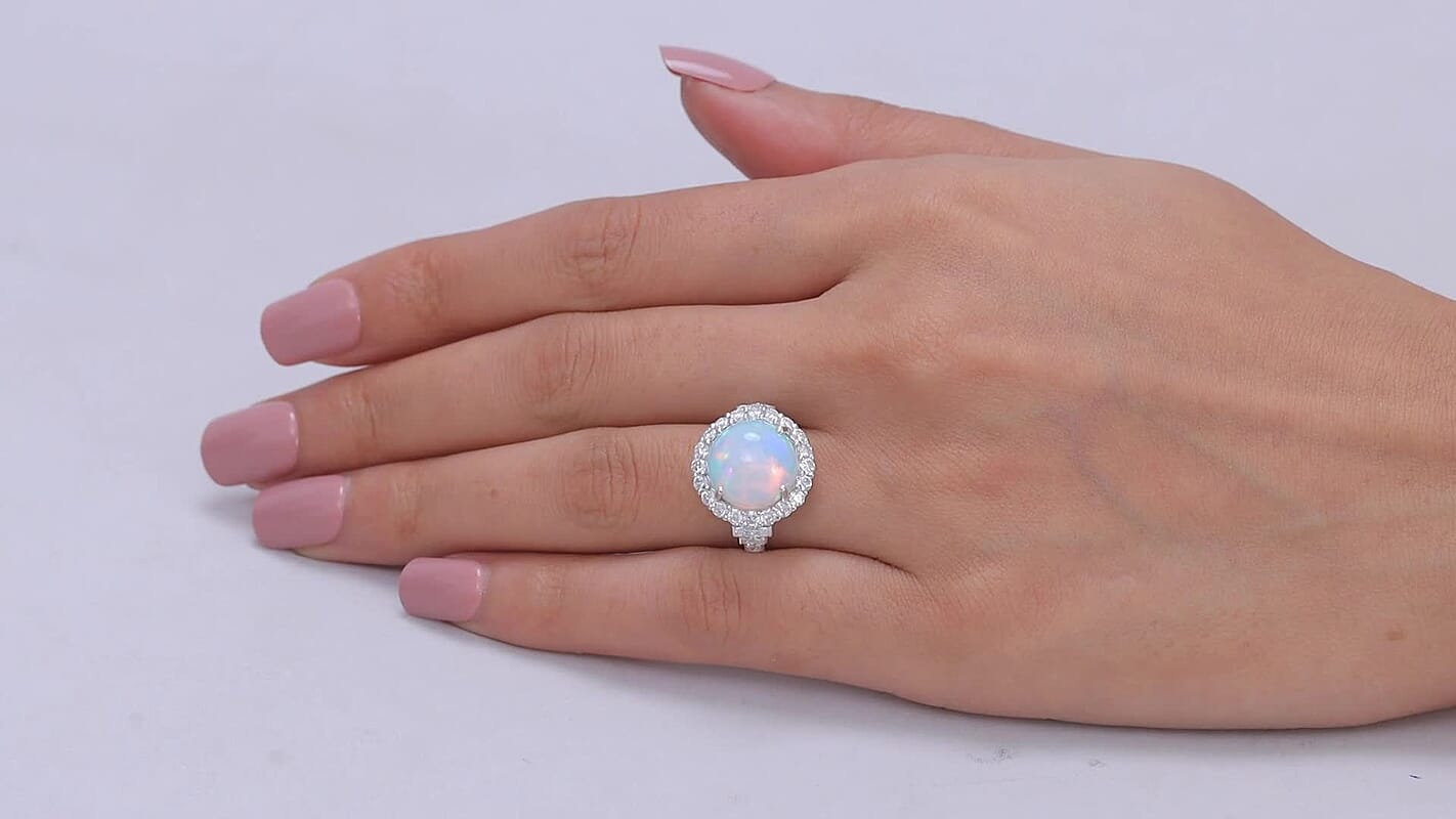 D'Joy Premium Ethiopian Welo Opal, Moissanite Ring in Rhodium Over Sterling Silver (Size 6.0) 5.30 ctw