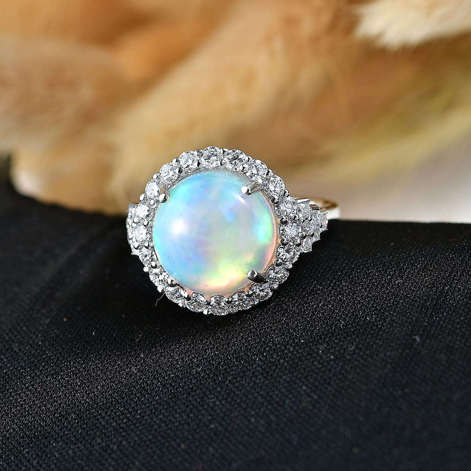 D'Joy Premium Ethiopian Welo Opal, Moissanite Ring in Rhodium Over Sterling Silver (Size 6.0) 5.30 ctw
