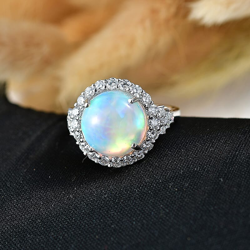 D'Joy Premium Ethiopian Welo Opal and Moissanite 5.30 ctw Ring in Rhodium Over Sterling Silver (Size 6.0)