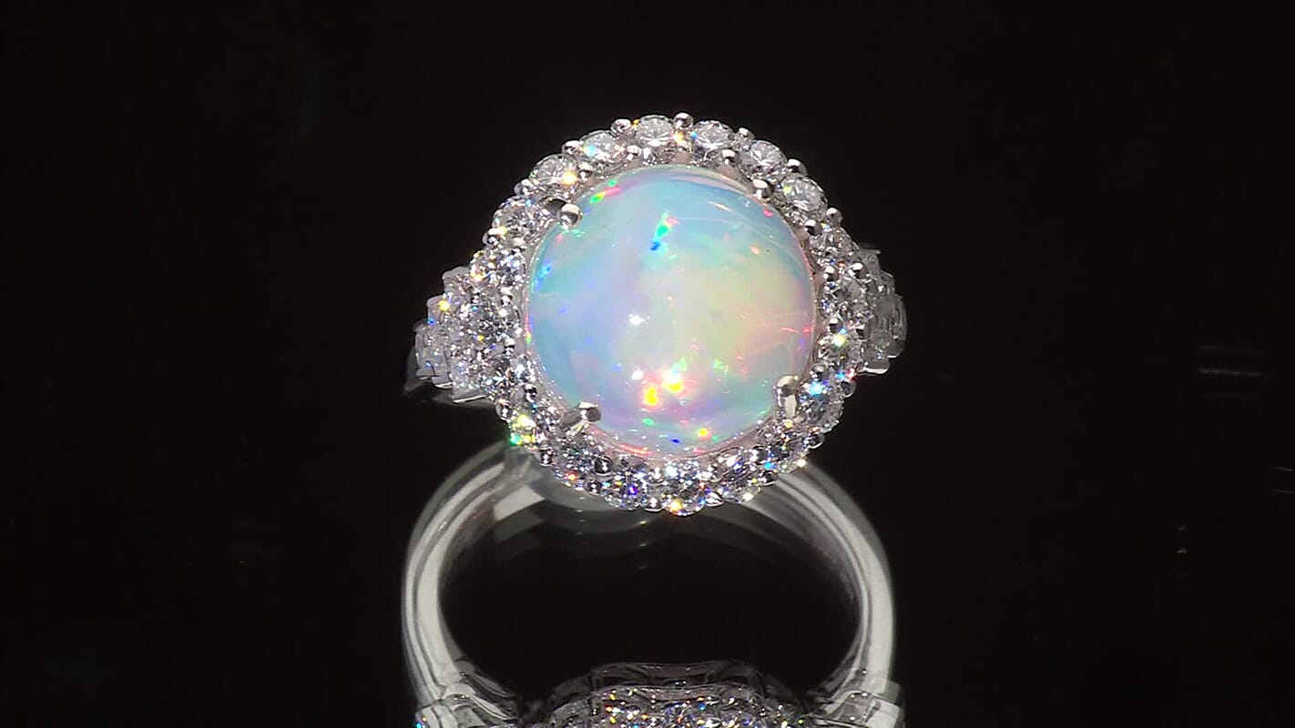 D'Joy Premium Ethiopian Welo Opal, Moissanite Ring in Rhodium Over Sterling Silver (Size 6.0) 5.30 ctw