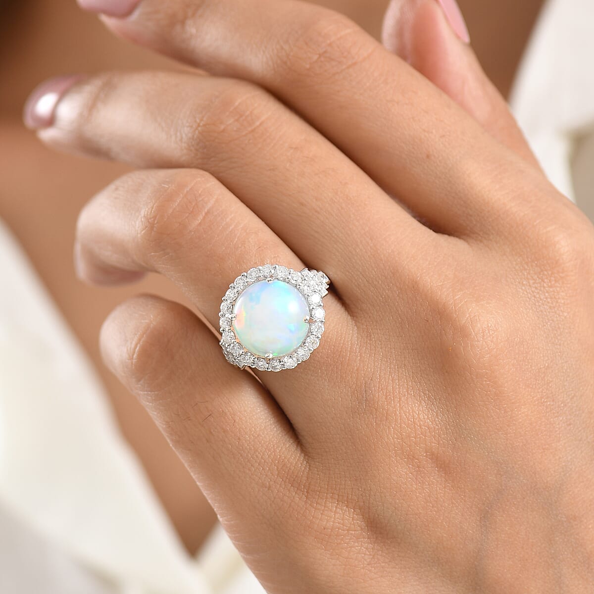 D'Joy Premium Ethiopian Welo Opal and Moissanite 5.30 ctw Ring in Rhodium Over Sterling Silver (Size 7.0) image number 2