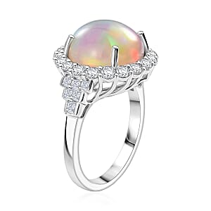 D'Joy Premium Ethiopian Welo Opal and Moissanite 5.30 ctw Ring in Rhodium Over Sterling Silver (Size 8.0)