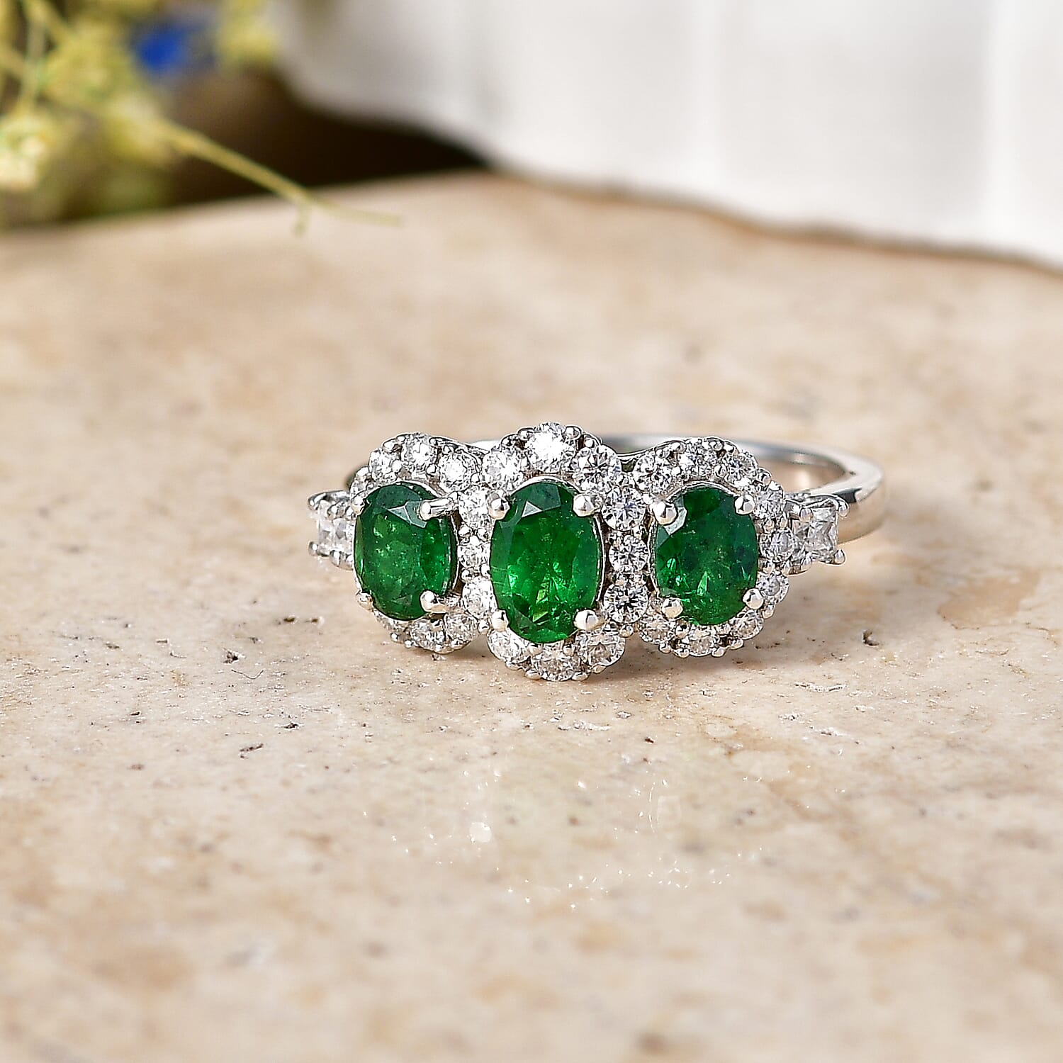 Certified & Appraised Premium Tsavorite Garnet and Moissanite 1.94 ctw Ring in Rhodium Over Sterling Silver (Size 10.0)