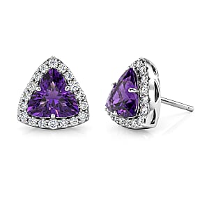 Certified & Appraised D'Joy Fancy Cut Premium Zambian Amethyst and Moissanite 3.60 ctw Earrings in Rhodium Over Sterling Silver 