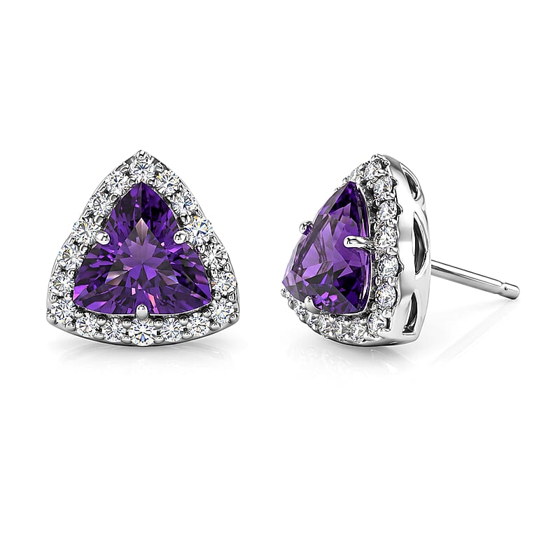 Certified and Appraised D'Joy Fancy Cut Premium Zambian Amethyst and Moissanite 3.60 ctw Earrings in Rhodium Over Sterling Silver