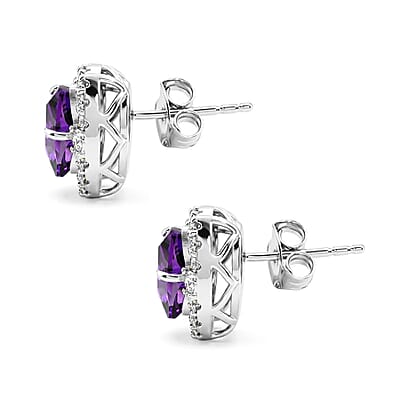 Certified and Appraised D'Joy Fancy Cut Premium Zambian Amethyst and Moissanite 3.60 ctw Earrings in Rhodium Over Sterling Silver