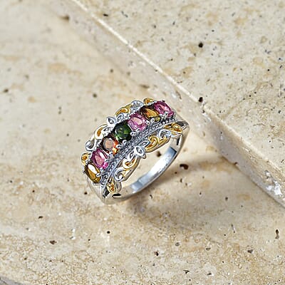EverTrue Multi-Tourmaline 1.40 ctw Victorian Filigree Ring in 18K YG Plated and Platinum Bond (Size 5.0)