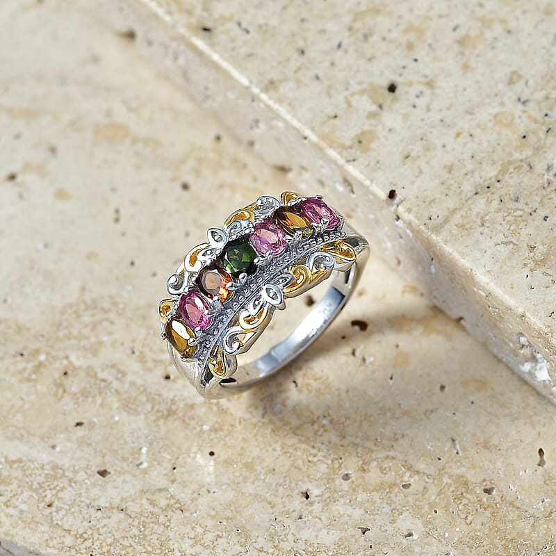 EverTrue Multi-Tourmaline 1.40 ctw Victorian Filigree Ring in 18K YG Plated and Platinum Bond (Size 5.0)