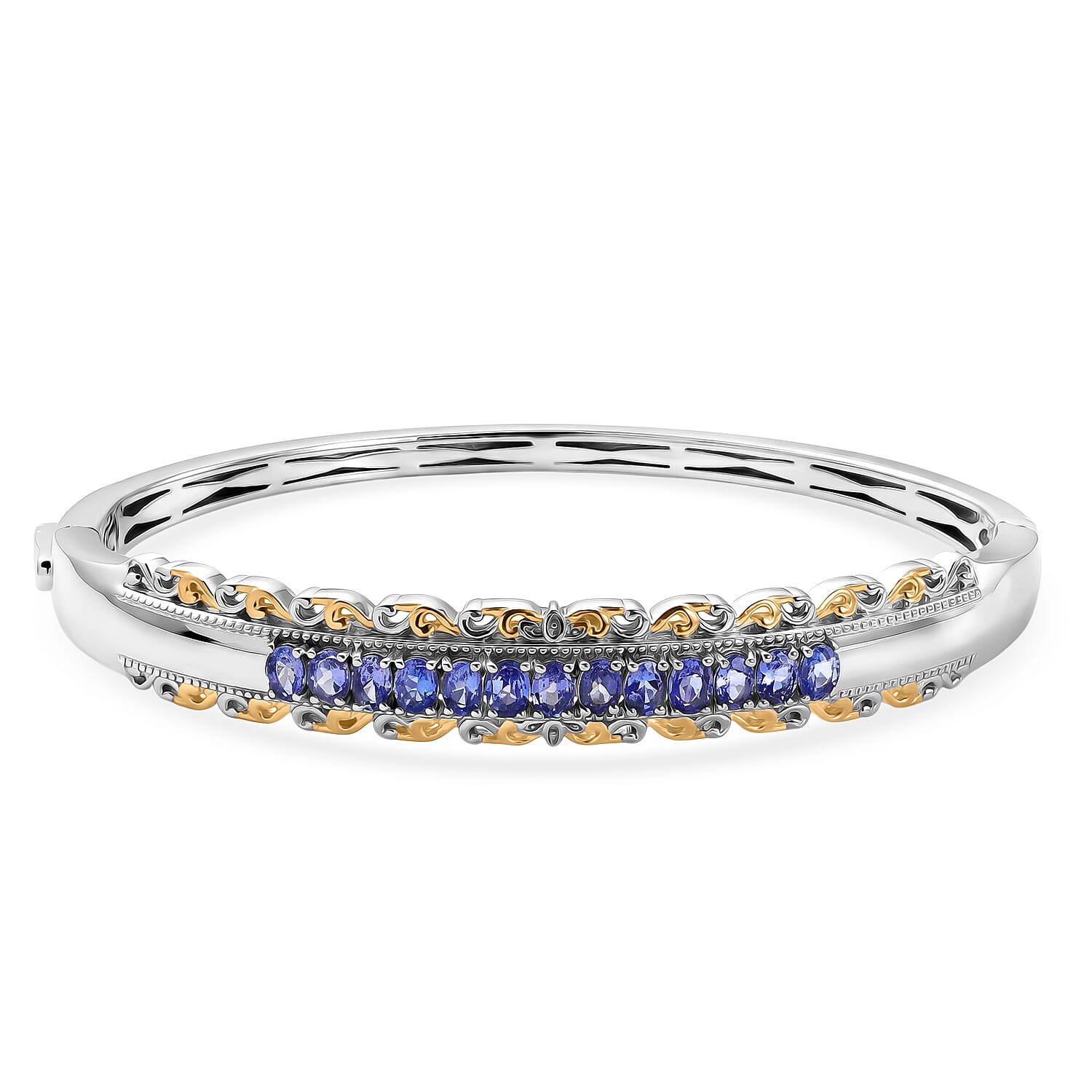 EverTrue Tanzanite 2.35 ctw Victorian Filigree Bangle Bracelet in 18K YG Plated and Platinum Bond (6.50 In)