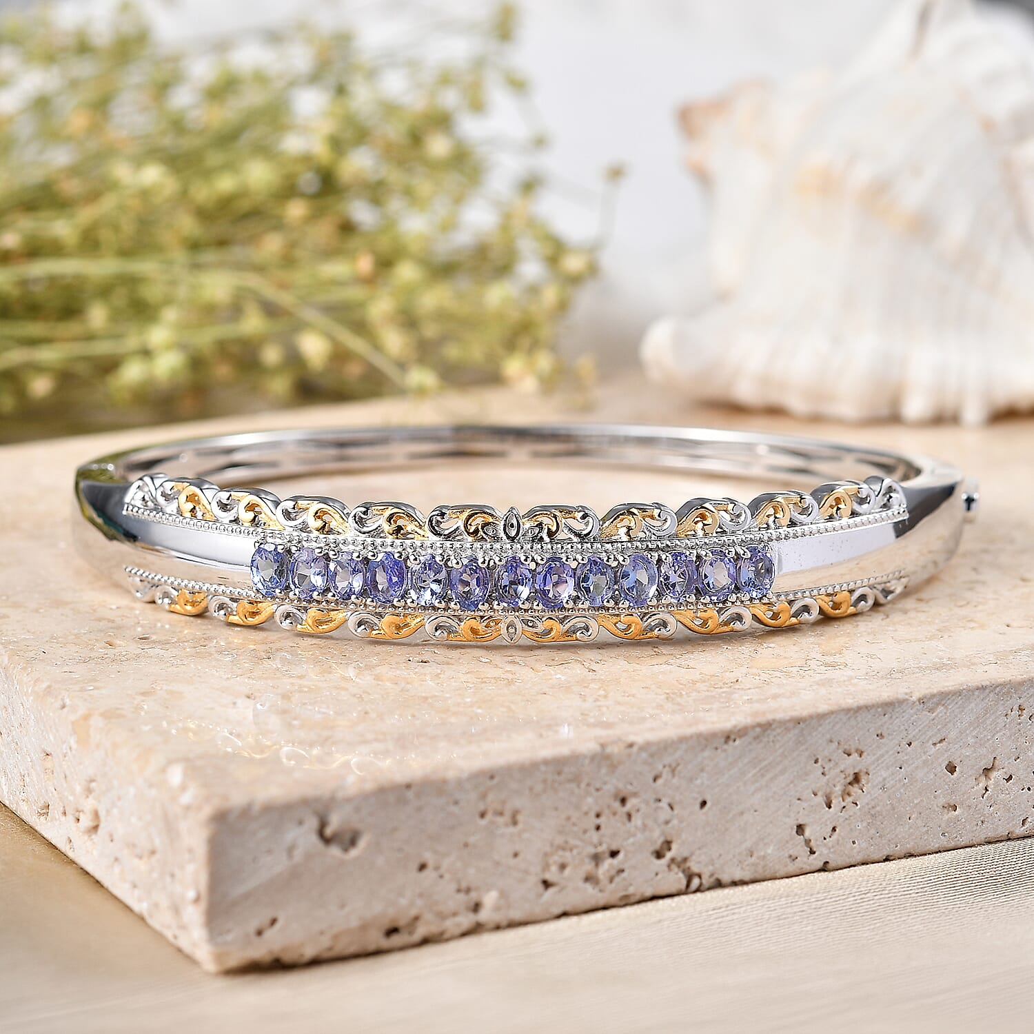EverTrue Tanzanite 2.35 ctw Victorian Filigree Bangle Bracelet in 18K YG Plated and Platinum Bond (6.50 In)
