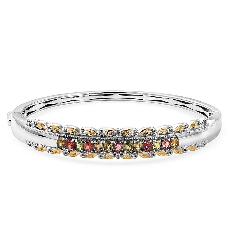 EverTrue Multi-Tourmaline 2.20 ctw Victorian Filigree Bangle Bracelet in 18K YG Plated and Platinum Bond (6.50 In)