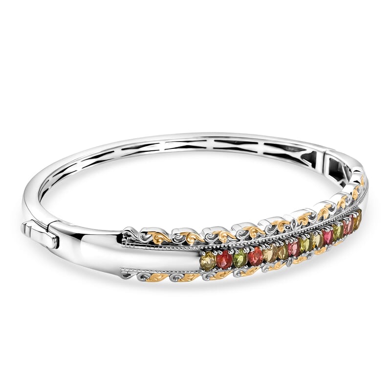 EverTrue Multi-Tourmaline 2.20 ctw Victorian Filigree Bangle Bracelet in 18K YG Plated and Platinum Bond (6.50 In)