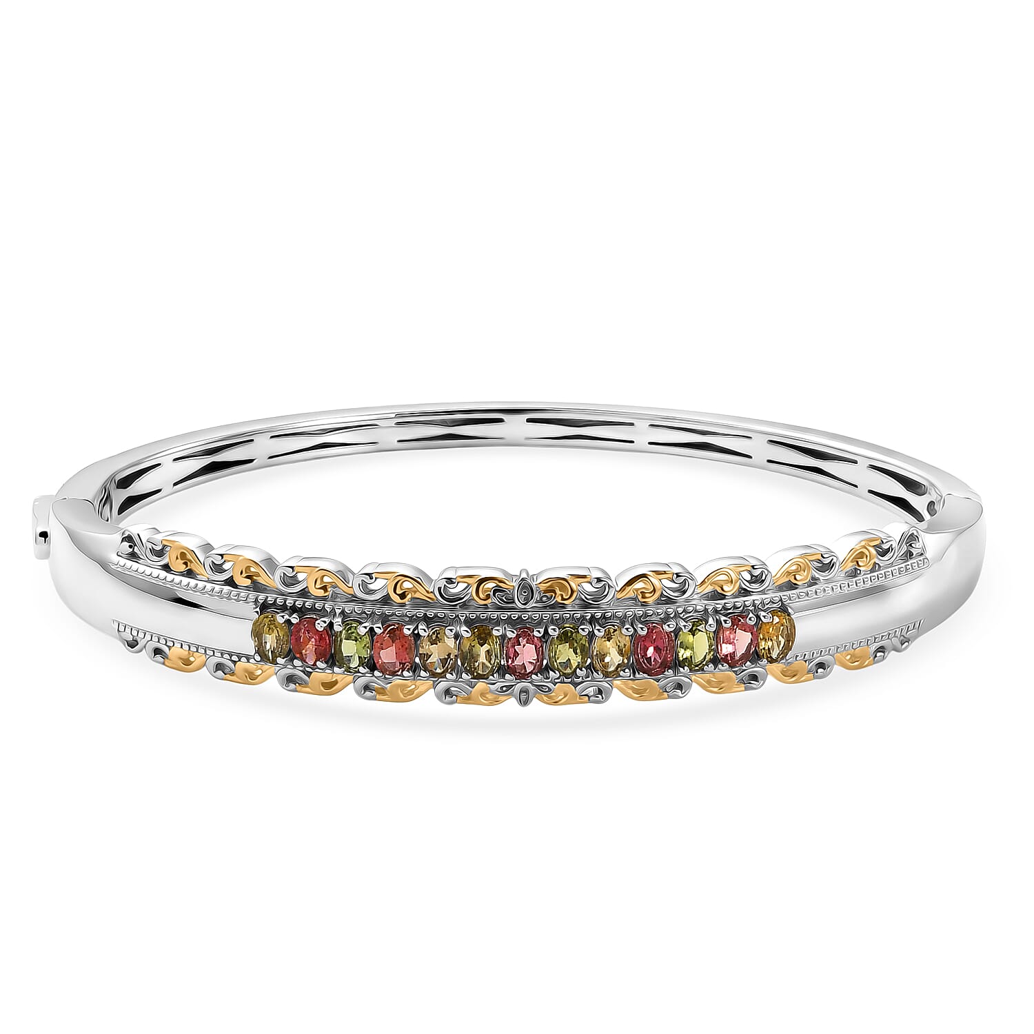 EverTrue Multi-Tourmaline 2.20 ctw Victorian Filigree Bangle Bracelet in 18K YG Plated and Platinum Bond (7.25 In)