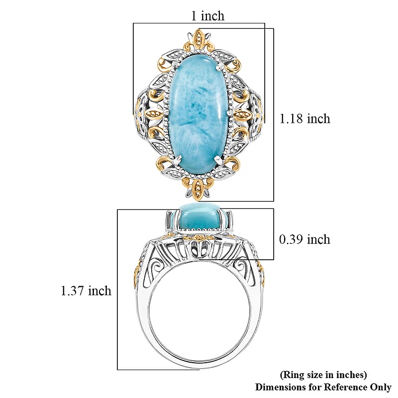 EverTrue Premium Larimar 11.00 ctw Whispering Leaf Filigree Ring in 18K YG Plated and Platinum Bond (Size 7.0)