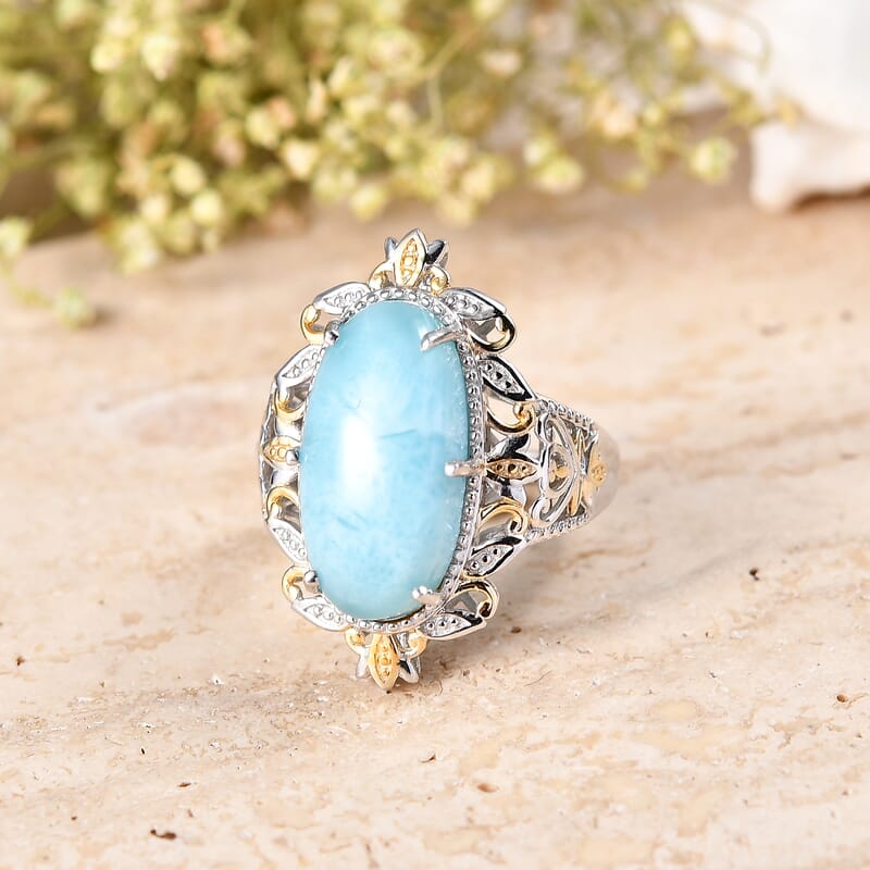 EverTrue Premium Larimar 11.00 ctw Whispering Leaf Filigree Ring in 18K YG Plated and Platinum Bond (Size 8.0) (Ships in 10-12 Days)