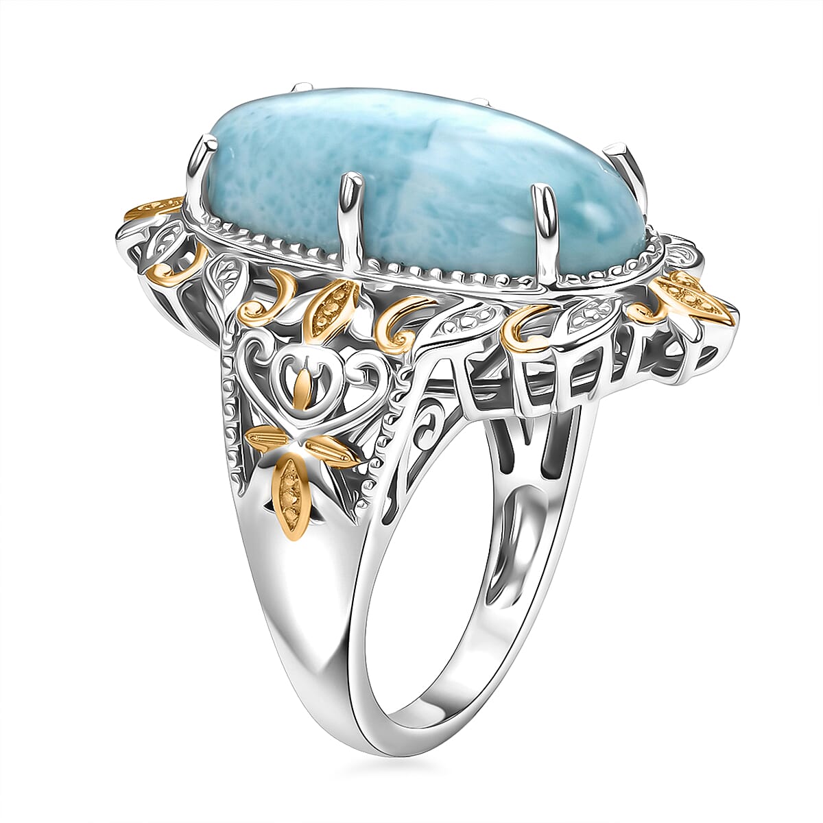 EverTrue Premium Larimar 11.00 ctw Whispering Leaf Filigree Ring in 18K YG Plated and Platinum Bond (Size 8.0) (Ships in 10-12 Days)