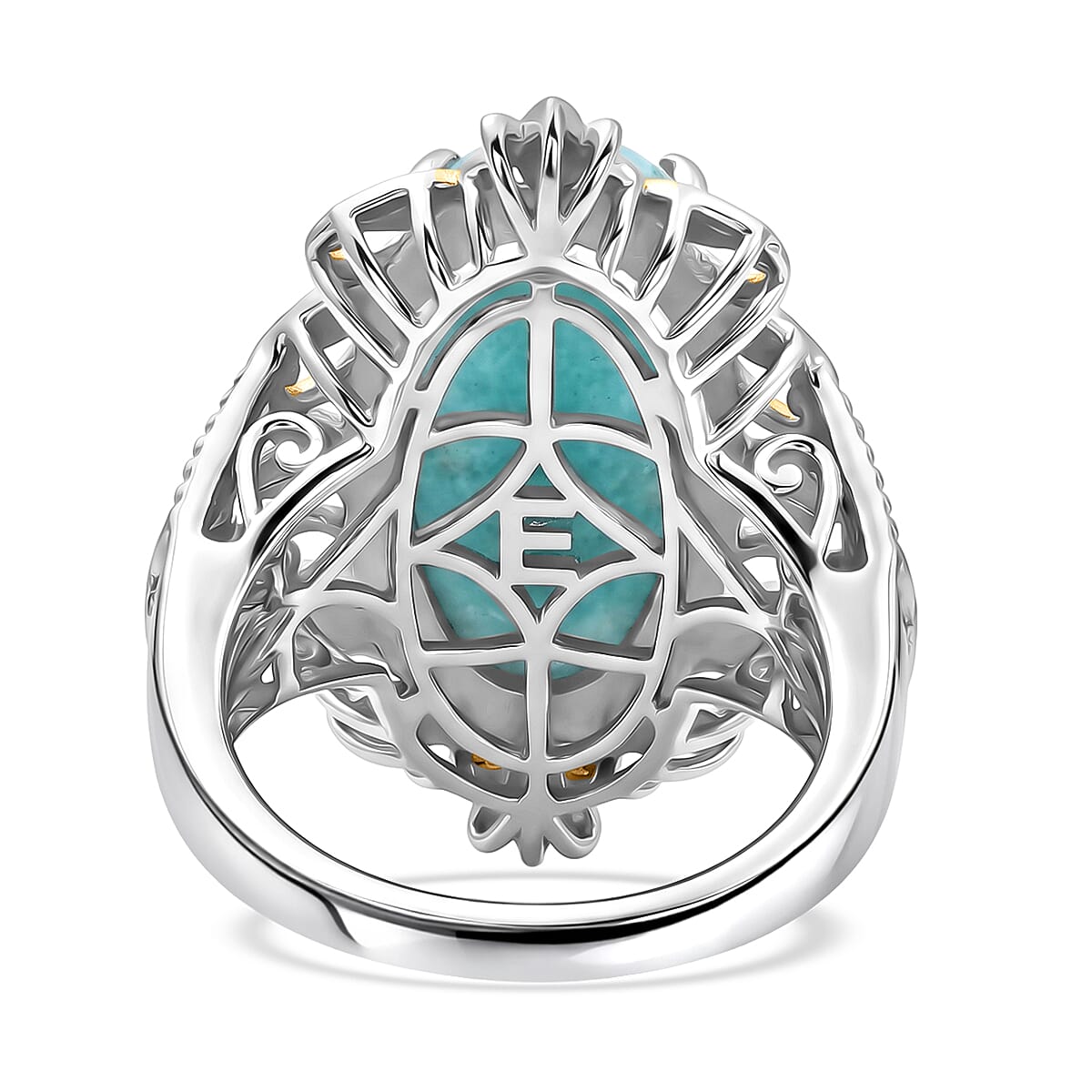 EverTrue Premium Larimar 11.00 ctw Whispering Leaf Filigree Ring in 18K YG Plated and Platinum Bond (Size 8.0) (Ships in 10-12 Days)