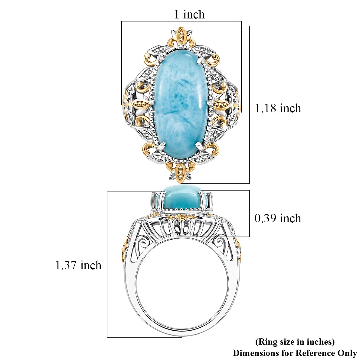 EverTrue Premium Larimar 11.00 ctw Whispering Leaf Filigree Ring in 18K YG Plated and Platinum Bond (Size 8.0) (Ships in 10-12 Days)