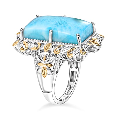 EverTrue Premium Larimar 19.70 ctw Whispering Leaf Filigree Ring in 18K YG Plated and Platinum Bond (Size 6.0) (Ships in 10-12 Days)