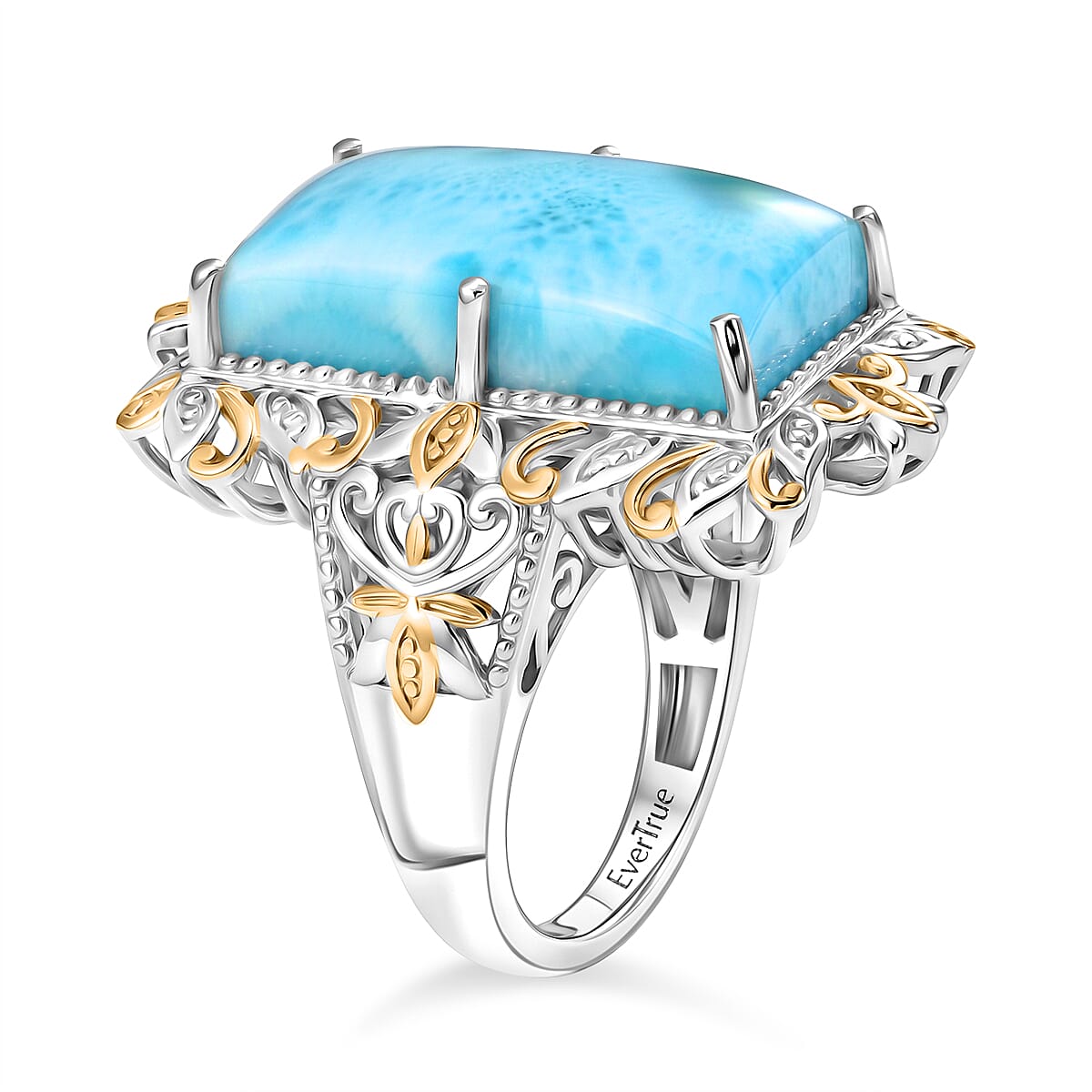 EverTrue Premium Larimar 19.70 ctw Whispering Leaf Filigree Ring in 18K YG Plated and Platinum Bond (Size 7.0) (Ships in 10-12 Days)