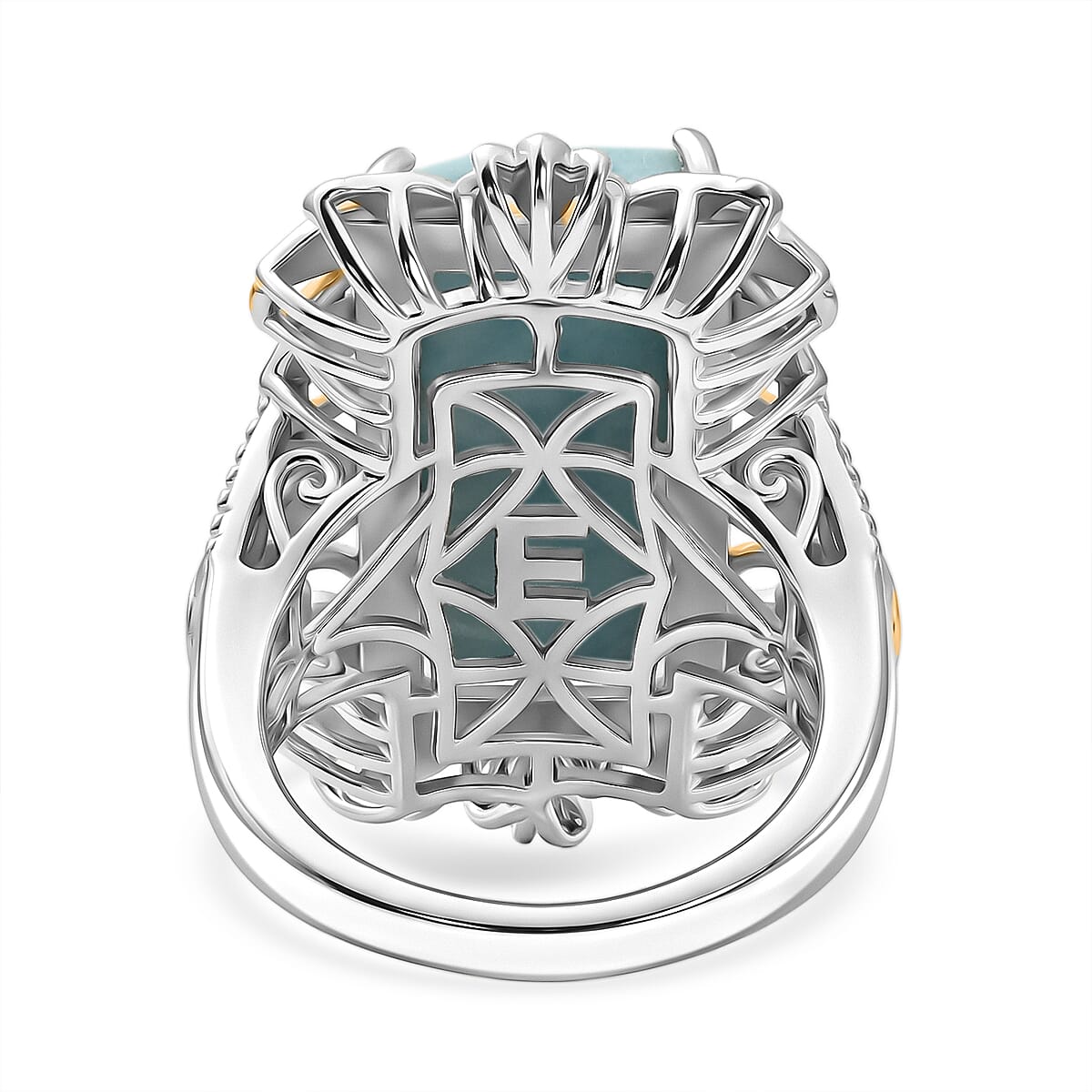 EverTrue Premium Larimar 19.70 ctw Whispering Leaf Filigree Ring in 18K YG Plated and Platinum Bond (Size 7.0) (Ships in 10-12 Days)