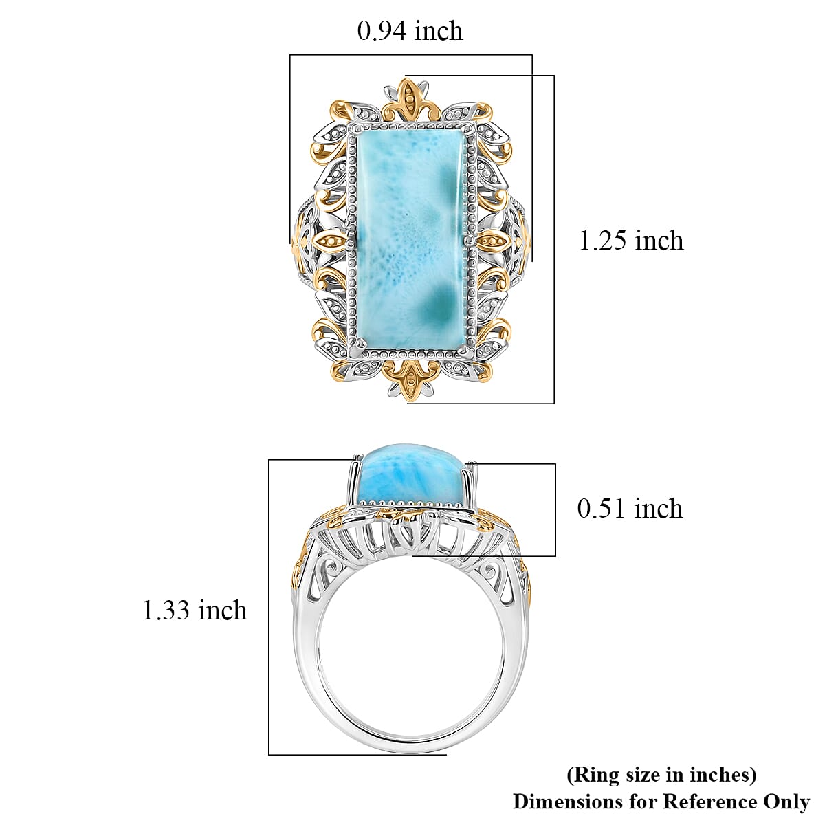 EverTrue Premium Larimar 19.70 ctw Whispering Leaf Filigree Ring in 18K YG Plated and Platinum Bond (Size 7.0) (Ships in 10-12 Days)