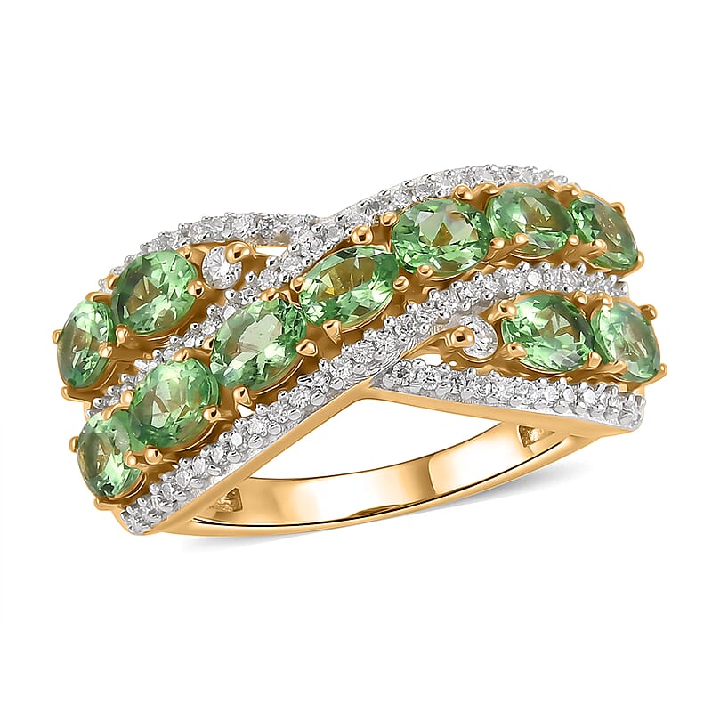 D'Joy Premium Tsavorite Garnet and Moissanite 3.60 ctw Regal Crossover Ring in 18K Vermeil Yellow Gold Over Sterling Silver (Size 6.0)