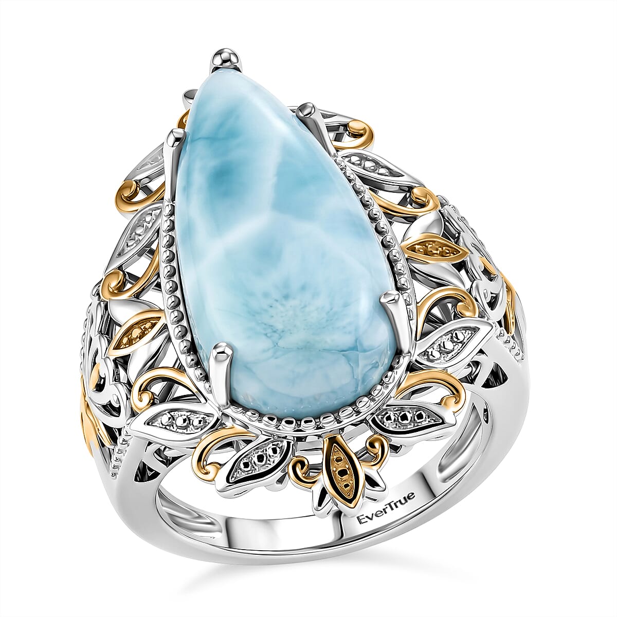 EverTrue Premium Larimar 9.30 ctw Whispering Leaf Filigree Ring in 18K YG Plated and Platinum Bond (Size 6.0) (Ships in 10-12 Days)
