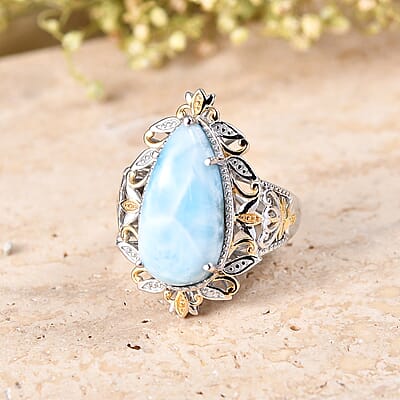 EverTrue Premium Larimar 9.30 ctw Whispering Leaf Filigree Ring in 18K YG Plated and Platinum Bond (Size 6.0) (Ships in 10-12 Days)