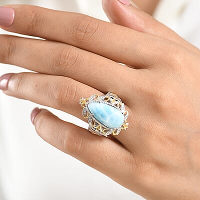 EverTrue Premium Larimar 9.30 ctw Whispering Leaf Filigree Ring in 18K YG Plated and Platinum Bond (Size 6.0) (Ships in 10-12 Days)