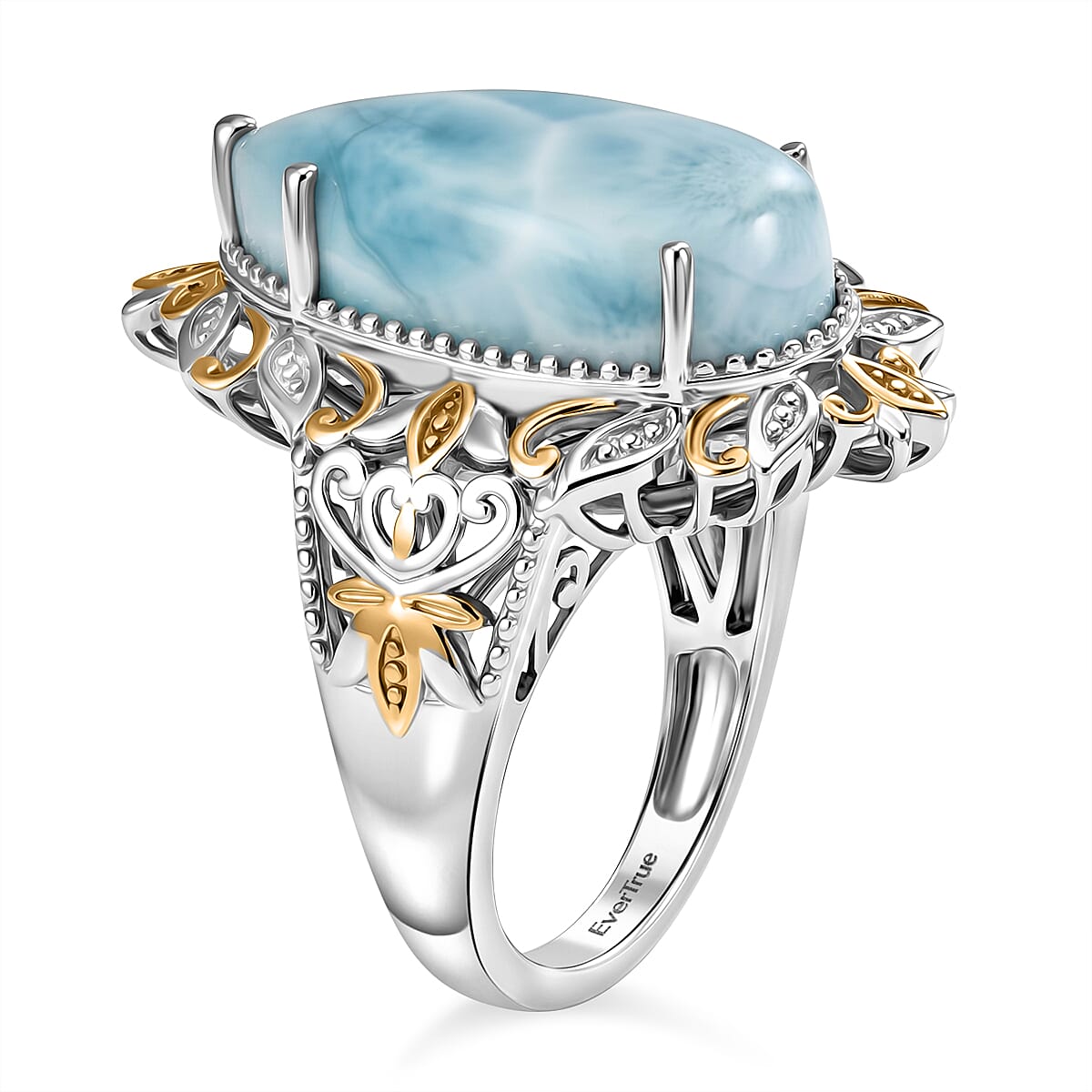 EverTrue Premium Larimar 9.30 ctw Whispering Leaf Filigree Ring in 18K YG Plated and Platinum Bond (Size 6.0) (Ships in 10-12 Days)