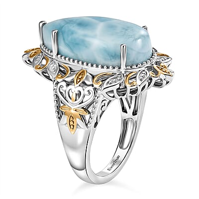 EverTrue Premium Larimar 9.30 ctw Whispering Leaf Filigree Ring in 18K YG Plated and Platinum Bond (Size 6.0) (Ships in 10-12 Days)