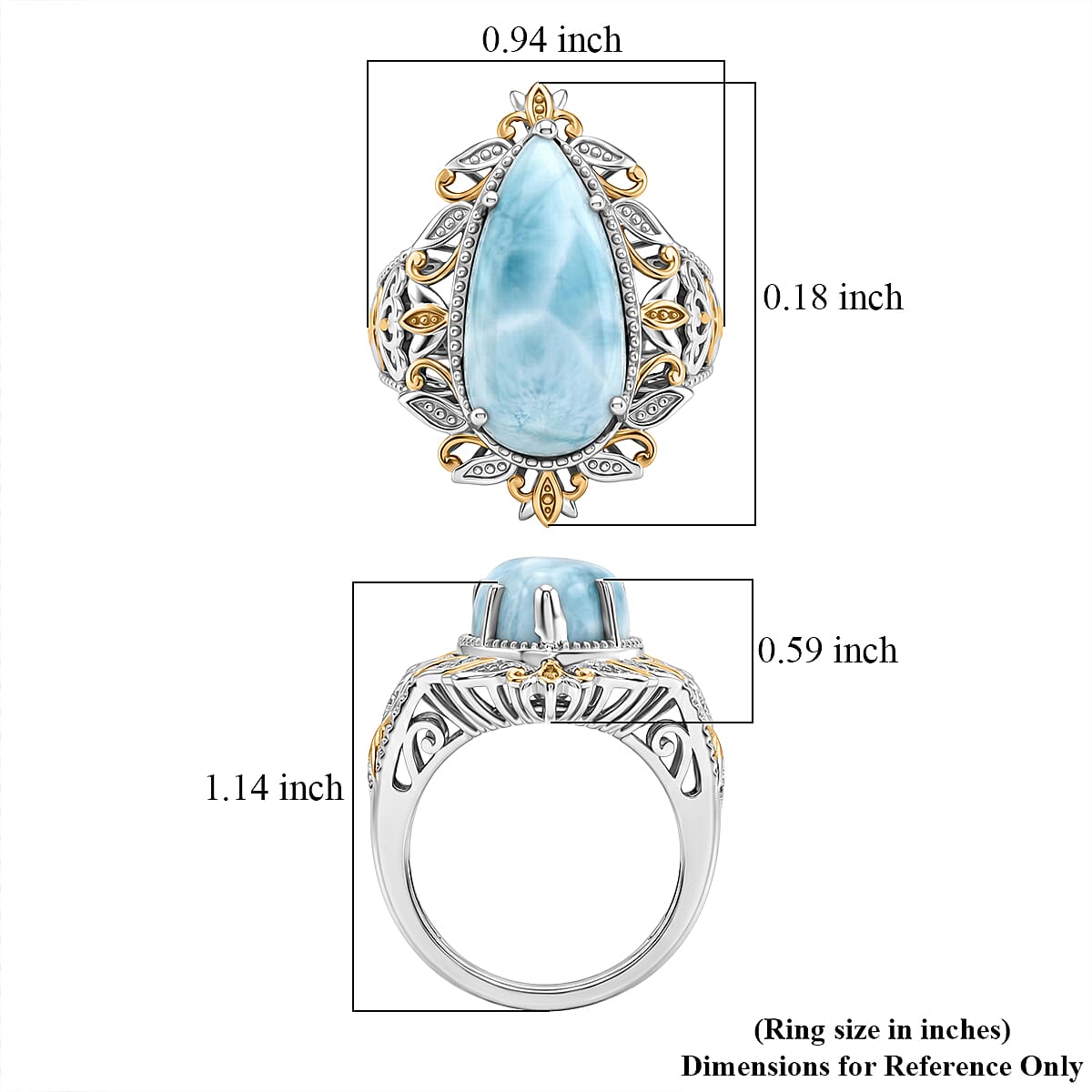 EverTrue Premium Larimar 9.30 ctw Whispering Leaf Filigree Ring in 18K YG Plated and Platinum Bond (Size 6.0) (Ships in 10-12 Days)