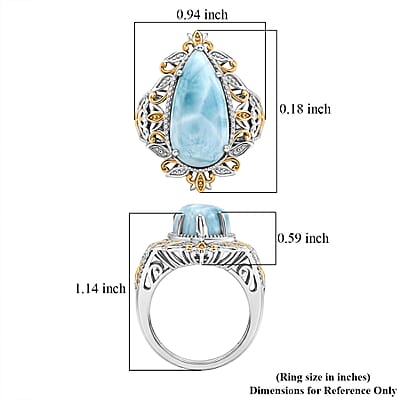 EverTrue Premium Larimar 9.30 ctw Whispering Leaf Filigree Ring in 18K YG Plated and Platinum Bond (Size 6.0) (Ships in 10-12 Days)