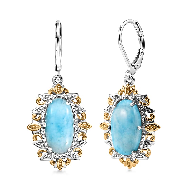 EverTrue Premium Larimar 7.85 ctw Whispering Leaf Filigree Earrings in 18K YG Plated and Platinum Bond