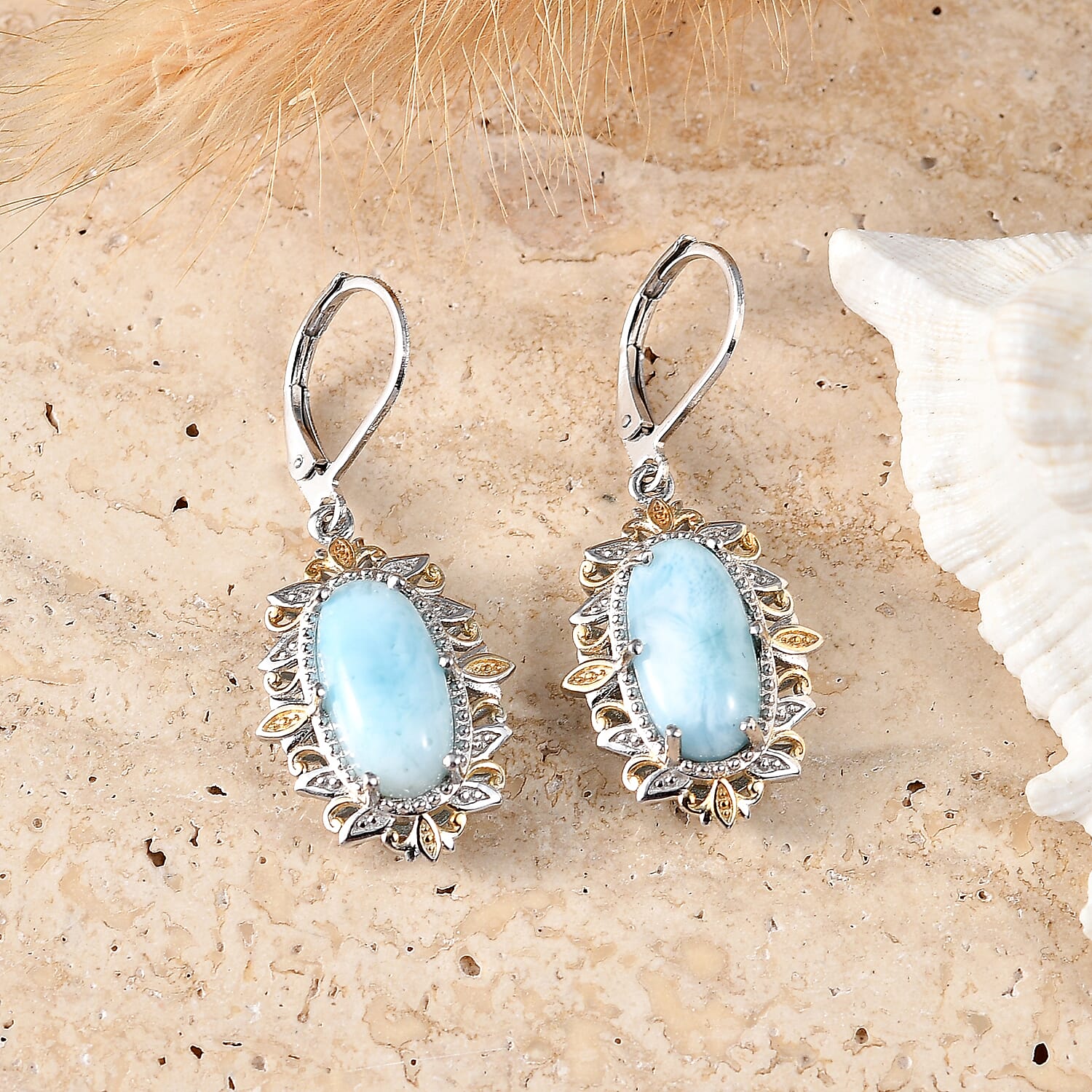 EverTrue Premium Larimar 7.85 ctw Whispering Leaf Filigree Earrings in 18K YG Plated and Platinum Bond