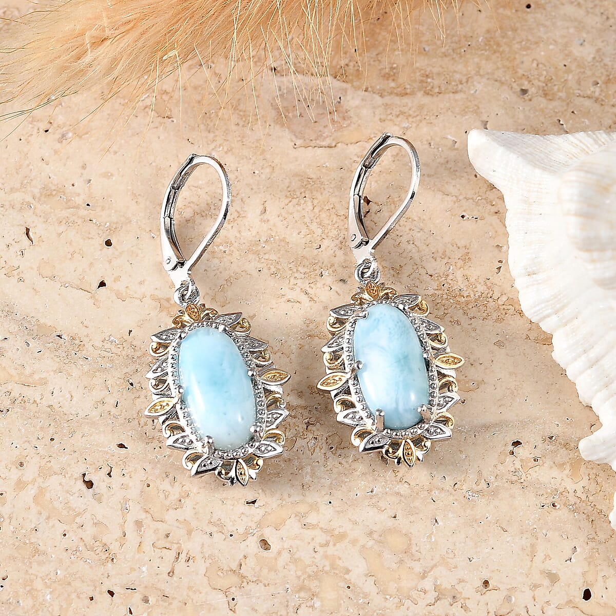 EverTrue Premium Larimar 7.85 ctw Whispering Leaf Filigree Earrings in 18K YG Plated and Platinum Bond (Ships in 10-12 Days) image number 1