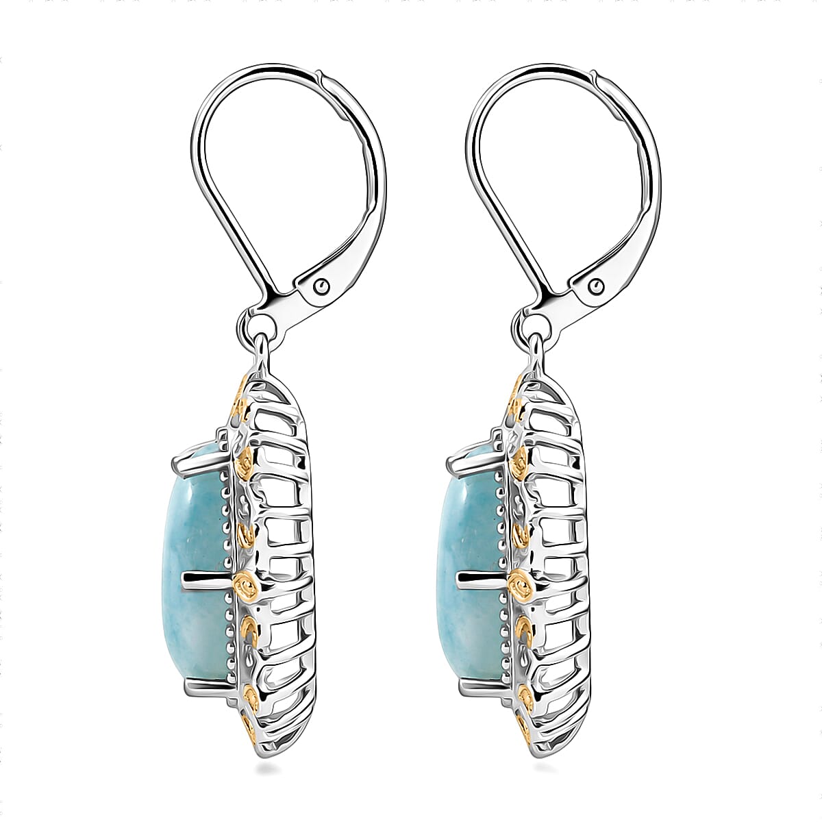 EverTrue Premium Larimar 7.85 ctw Whispering Leaf Filigree Earrings in 18K YG Plated and Platinum Bond