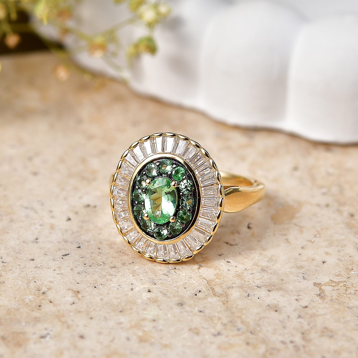 D'Joy Premium Tsavorite Garnet and Moissanite 1.80 ctw Crown Ray Ring in 18K Vermeil Yellow Gold Over Sterling Silver (Size 6.0)
