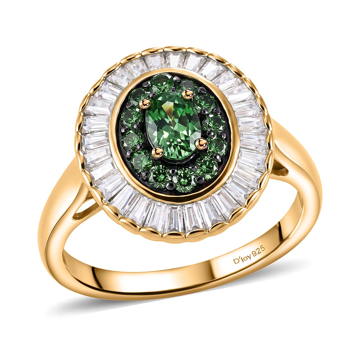 D'Joy Premium Tsavorite Garnet and Moissanite 1.80 ctw Crown Ray Ring in 18K Vermeil Yellow Gold Over Sterling Silver (Size 7.0)